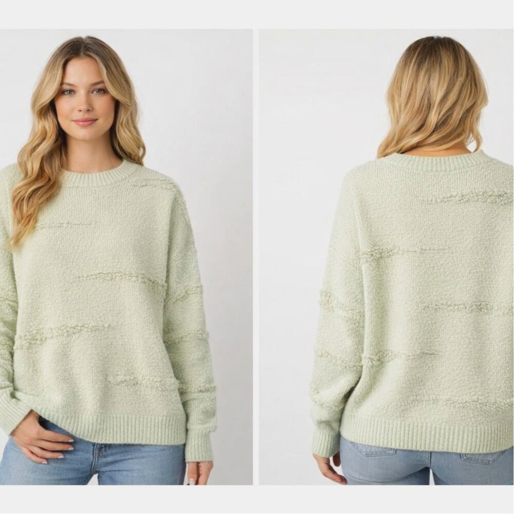 Pastel Green Boucle Knit Sweater Small Textured Soft Cozy Spring Minimalist